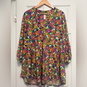 Floral Split-Neck Women's Tunic Top - Pink & Green